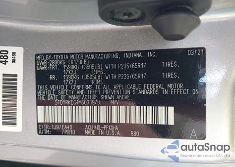 2021 Toyota Sienna Xle z USA, uszkodzony, nr VIN 5TDYRKEC4MS031973